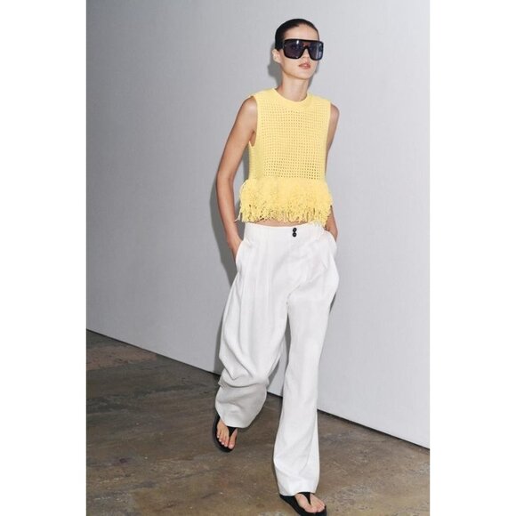 Zara Womens Sweater Top S Small Yellow Fringed Knit Sleeveless 4331/027 NWOT - Picture 2 of 13